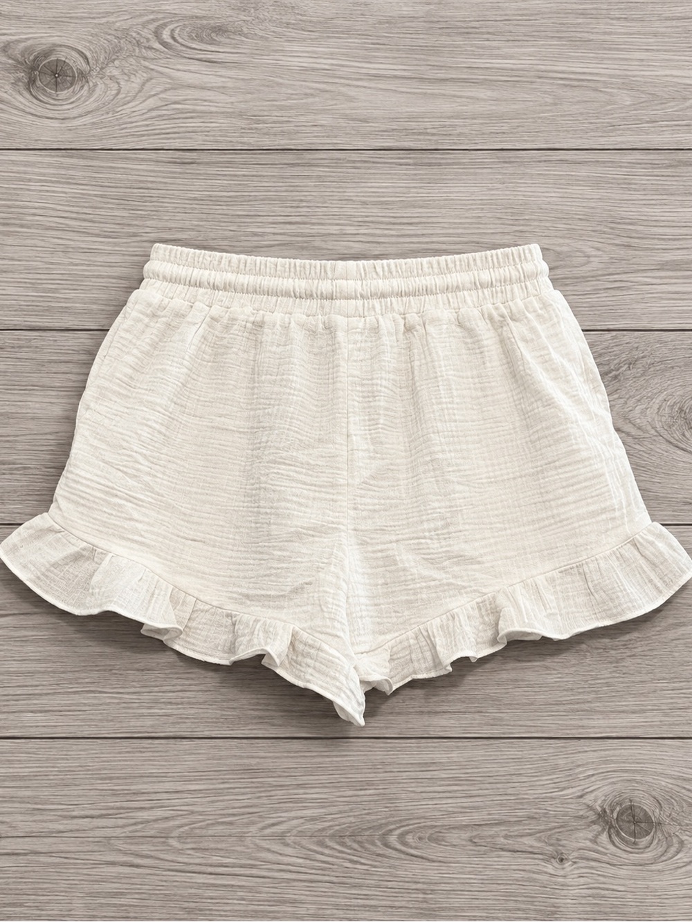 Very J Cream Ruffle-Hem Drawstring Lounge Shorts - Picture 2 of 4